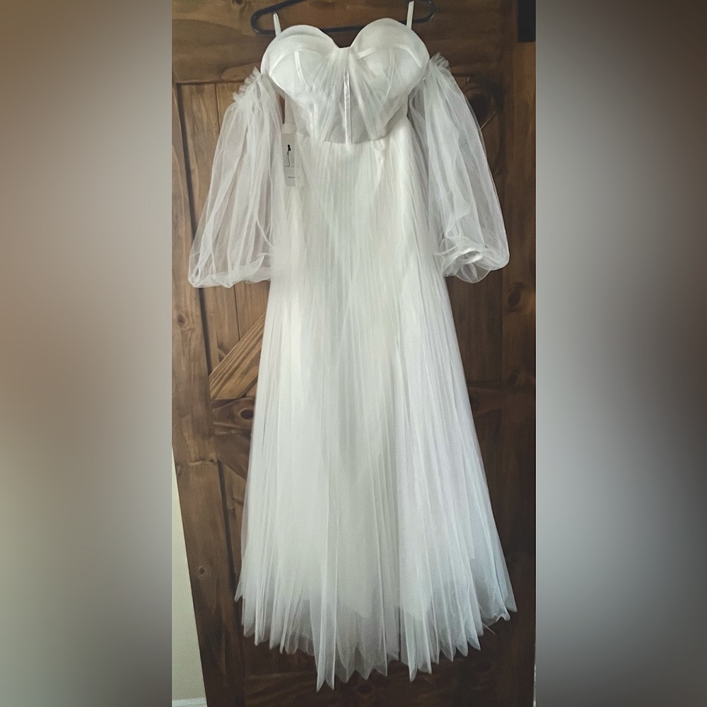 White Strapless Gown with Sheer Sleeves